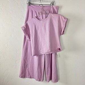 Offline Aerie OG Cotton Wide Leg Pants Muscle T Shirt Set Lounge Orchid Pink